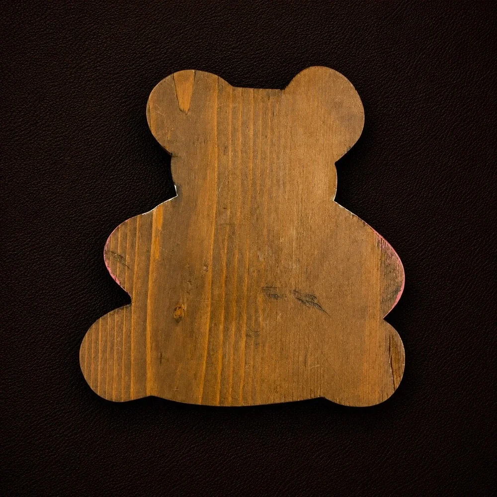 Vintage Hand Painted Wooden Teddy Bear Plaque Pink Heart Dress Folk Art Decor